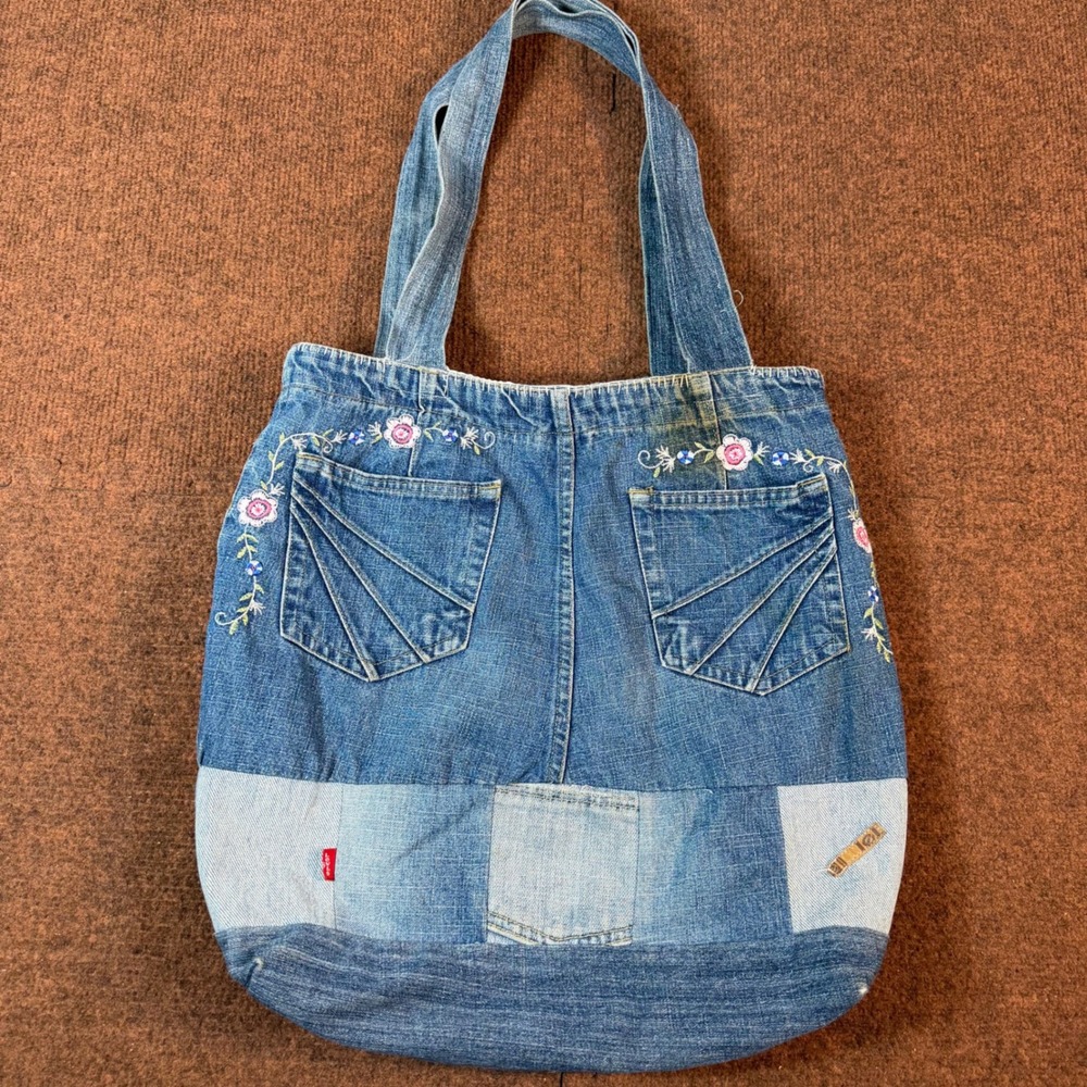 Angels Denim Patchwork Tote Bag Floral Embroidery Boho Y2K Blue Shoulder Bag